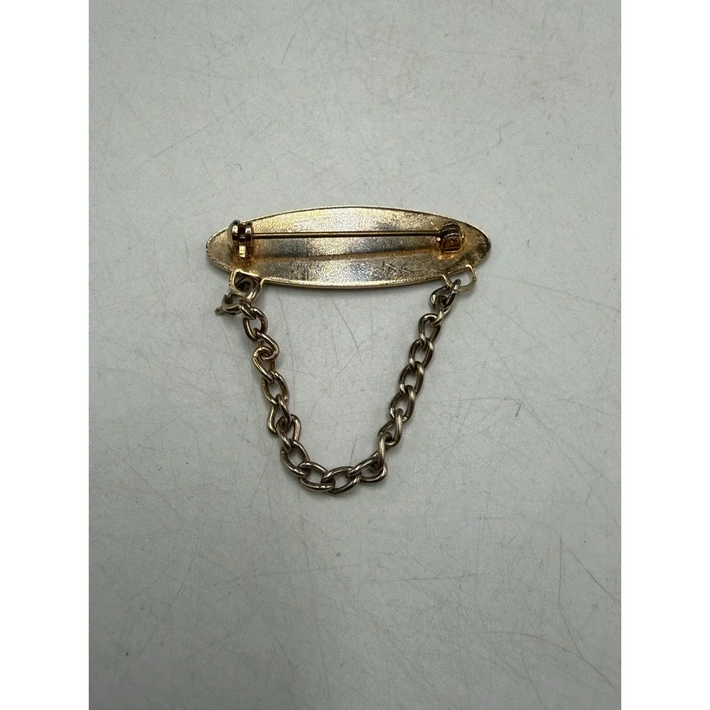 Vintage Gold Tone HIS Engraved Oval Brooch Pin with Curb Link Safety Chain